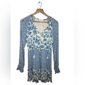 House Of Harlow 1960 Long Sleeve Tassel Mini Dress Size M Blue Floral